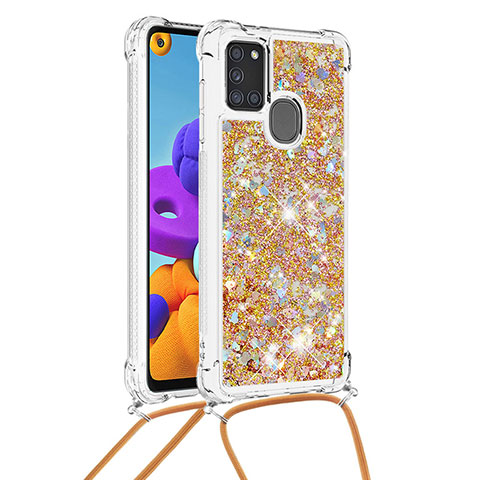 Silikon Hülle Handyhülle Gummi Schutzhülle Flexible Tasche Bling-Bling mit Schlüsselband Lanyard S03 für Samsung Galaxy A21s Gold