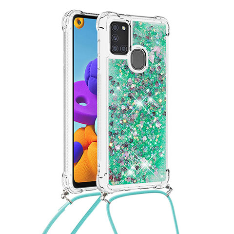 Silikon Hülle Handyhülle Gummi Schutzhülle Flexible Tasche Bling-Bling mit Schlüsselband Lanyard S03 für Samsung Galaxy A21s Grün