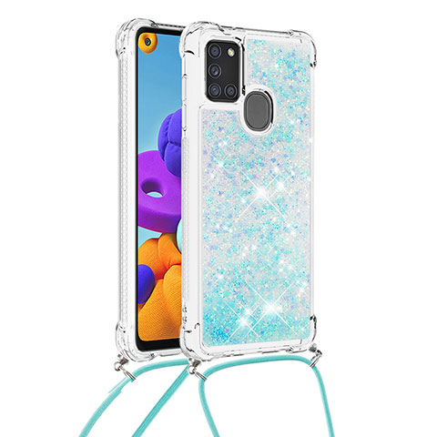 Silikon Hülle Handyhülle Gummi Schutzhülle Flexible Tasche Bling-Bling mit Schlüsselband Lanyard S03 für Samsung Galaxy A21s Hellblau