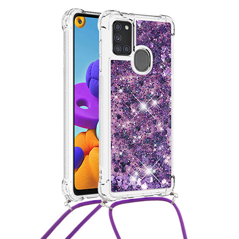 Silikon Hülle Handyhülle Gummi Schutzhülle Flexible Tasche Bling-Bling mit Schlüsselband Lanyard S03 für Samsung Galaxy A21s Violett