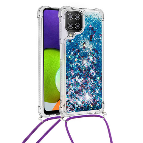 Silikon Hülle Handyhülle Gummi Schutzhülle Flexible Tasche Bling-Bling mit Schlüsselband Lanyard S03 für Samsung Galaxy A22 4G Blau