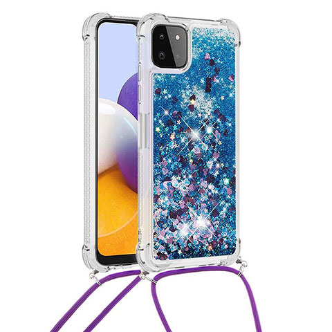 Silikon Hülle Handyhülle Gummi Schutzhülle Flexible Tasche Bling-Bling mit Schlüsselband Lanyard S03 für Samsung Galaxy A22s 5G Blau