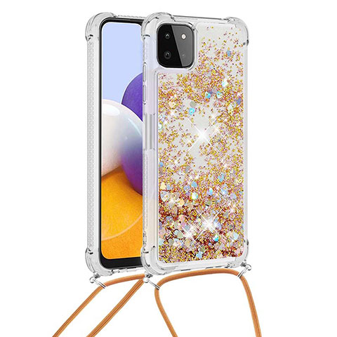 Silikon Hülle Handyhülle Gummi Schutzhülle Flexible Tasche Bling-Bling mit Schlüsselband Lanyard S03 für Samsung Galaxy A22s 5G Gold