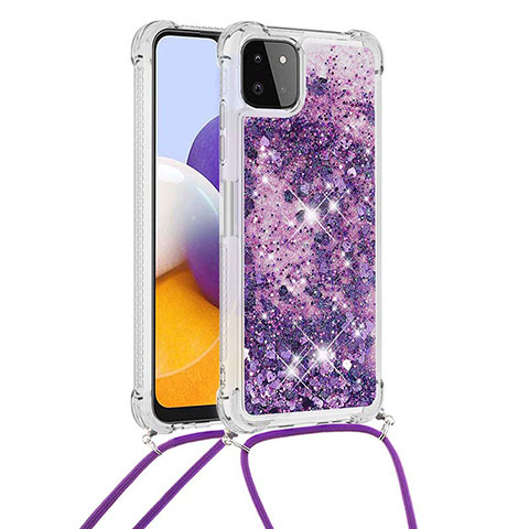 Silikon Hülle Handyhülle Gummi Schutzhülle Flexible Tasche Bling-Bling mit Schlüsselband Lanyard S03 für Samsung Galaxy A22s 5G Violett