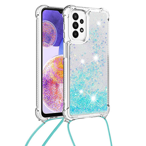 Silikon Hülle Handyhülle Gummi Schutzhülle Flexible Tasche Bling-Bling mit Schlüsselband Lanyard S03 für Samsung Galaxy A23 4G Hellblau