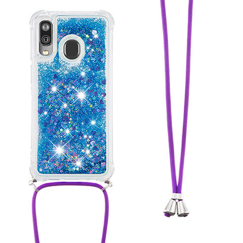 Silikon Hülle Handyhülle Gummi Schutzhülle Flexible Tasche Bling-Bling mit Schlüsselband Lanyard S03 für Samsung Galaxy A40 Blau