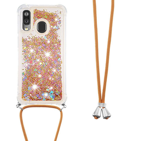 Silikon Hülle Handyhülle Gummi Schutzhülle Flexible Tasche Bling-Bling mit Schlüsselband Lanyard S03 für Samsung Galaxy A40 Gold