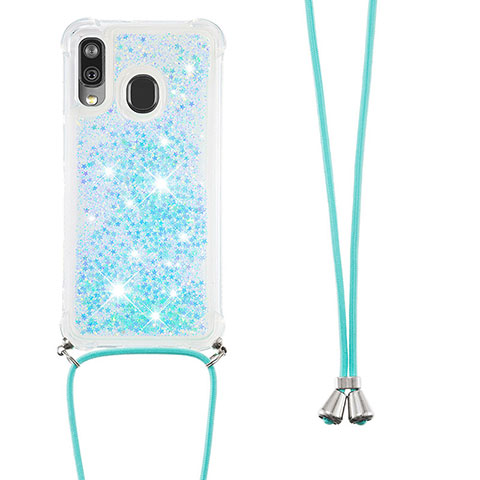 Silikon Hülle Handyhülle Gummi Schutzhülle Flexible Tasche Bling-Bling mit Schlüsselband Lanyard S03 für Samsung Galaxy A40 Hellblau