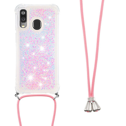 Silikon Hülle Handyhülle Gummi Schutzhülle Flexible Tasche Bling-Bling mit Schlüsselband Lanyard S03 für Samsung Galaxy A40 Rosa