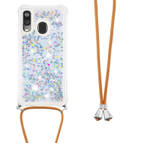 Silikon Hülle Handyhülle Gummi Schutzhülle Flexible Tasche Bling-Bling mit Schlüsselband Lanyard S03 für Samsung Galaxy A40 Silber