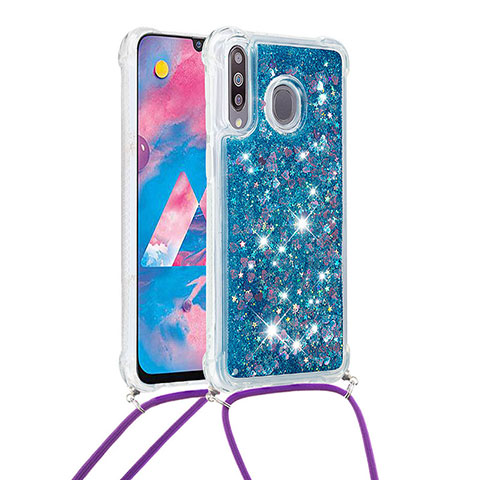 Silikon Hülle Handyhülle Gummi Schutzhülle Flexible Tasche Bling-Bling mit Schlüsselband Lanyard S03 für Samsung Galaxy A40s Blau