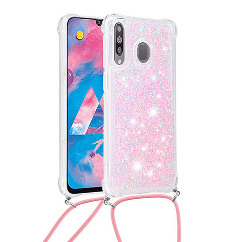 Silikon Hülle Handyhülle Gummi Schutzhülle Flexible Tasche Bling-Bling mit Schlüsselband Lanyard S03 für Samsung Galaxy A40s Rosa