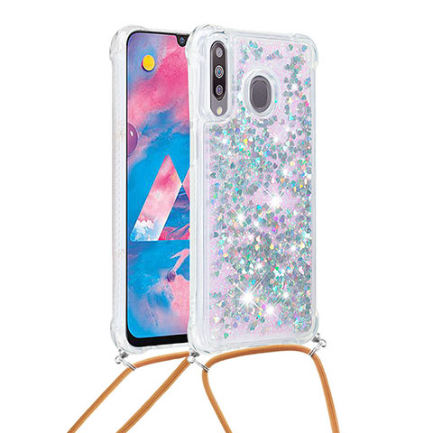 Silikon Hülle Handyhülle Gummi Schutzhülle Flexible Tasche Bling-Bling mit Schlüsselband Lanyard S03 für Samsung Galaxy A40s Silber