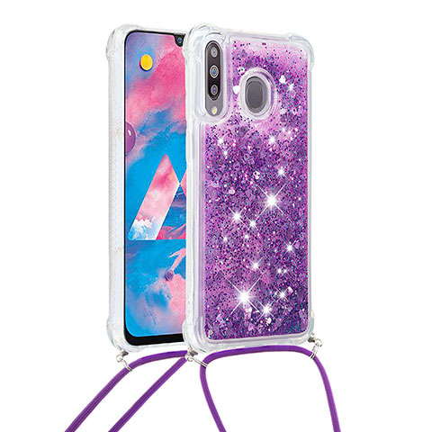 Silikon Hülle Handyhülle Gummi Schutzhülle Flexible Tasche Bling-Bling mit Schlüsselband Lanyard S03 für Samsung Galaxy A40s Violett