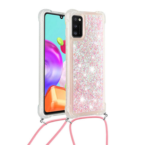 Silikon Hülle Handyhülle Gummi Schutzhülle Flexible Tasche Bling-Bling mit Schlüsselband Lanyard S03 für Samsung Galaxy A41 Rosa