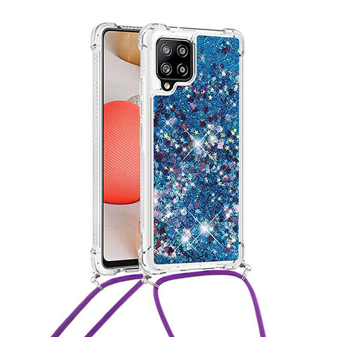 Silikon Hülle Handyhülle Gummi Schutzhülle Flexible Tasche Bling-Bling mit Schlüsselband Lanyard S03 für Samsung Galaxy A42 5G Blau