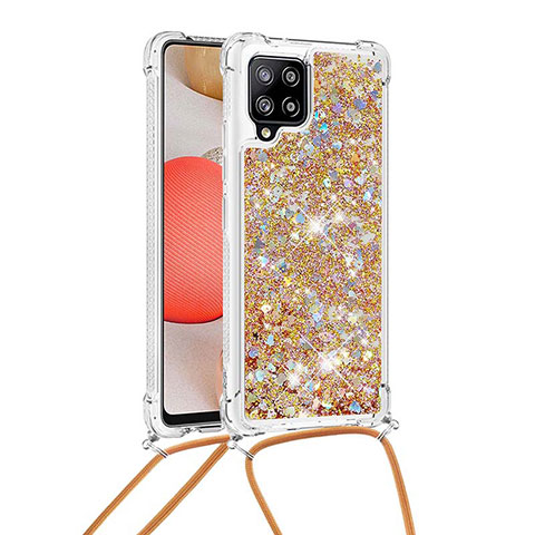 Silikon Hülle Handyhülle Gummi Schutzhülle Flexible Tasche Bling-Bling mit Schlüsselband Lanyard S03 für Samsung Galaxy A42 5G Gold