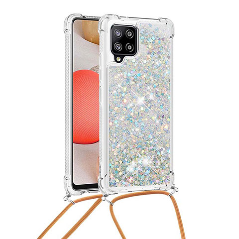 Silikon Hülle Handyhülle Gummi Schutzhülle Flexible Tasche Bling-Bling mit Schlüsselband Lanyard S03 für Samsung Galaxy A42 5G Silber