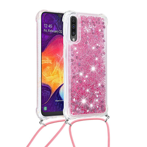 Silikon Hülle Handyhülle Gummi Schutzhülle Flexible Tasche Bling-Bling mit Schlüsselband Lanyard S03 für Samsung Galaxy A50 Rot