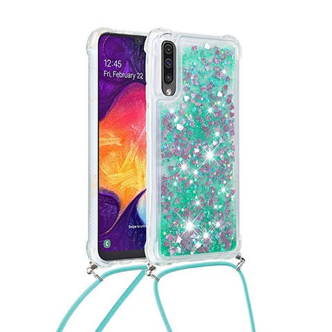 Silikon Hülle Handyhülle Gummi Schutzhülle Flexible Tasche Bling-Bling mit Schlüsselband Lanyard S03 für Samsung Galaxy A50S Grün