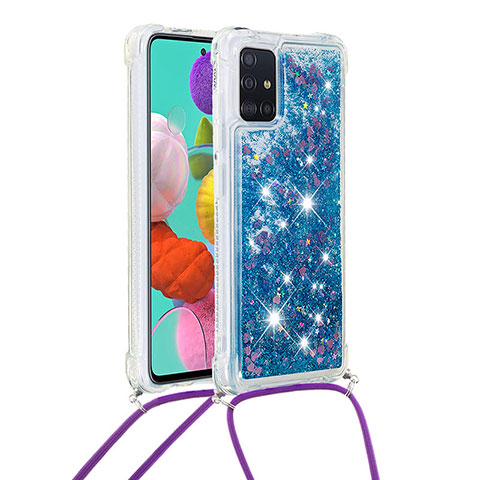 Silikon Hülle Handyhülle Gummi Schutzhülle Flexible Tasche Bling-Bling mit Schlüsselband Lanyard S03 für Samsung Galaxy A51 4G Blau