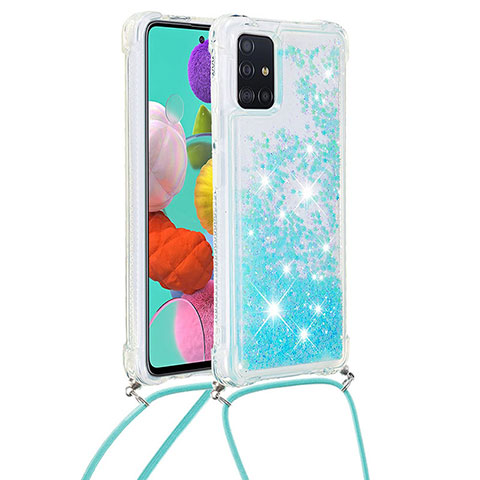 Silikon Hülle Handyhülle Gummi Schutzhülle Flexible Tasche Bling-Bling mit Schlüsselband Lanyard S03 für Samsung Galaxy A51 4G Hellblau