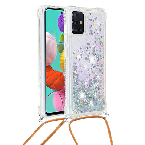 Silikon Hülle Handyhülle Gummi Schutzhülle Flexible Tasche Bling-Bling mit Schlüsselband Lanyard S03 für Samsung Galaxy A51 4G Silber