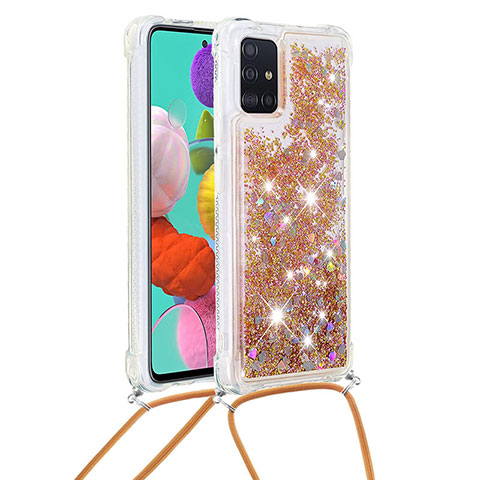 Silikon Hülle Handyhülle Gummi Schutzhülle Flexible Tasche Bling-Bling mit Schlüsselband Lanyard S03 für Samsung Galaxy A51 5G Gold