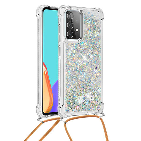 Silikon Hülle Handyhülle Gummi Schutzhülle Flexible Tasche Bling-Bling mit Schlüsselband Lanyard S03 für Samsung Galaxy A52 4G Silber