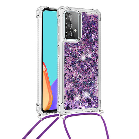 Silikon Hülle Handyhülle Gummi Schutzhülle Flexible Tasche Bling-Bling mit Schlüsselband Lanyard S03 für Samsung Galaxy A52 4G Violett