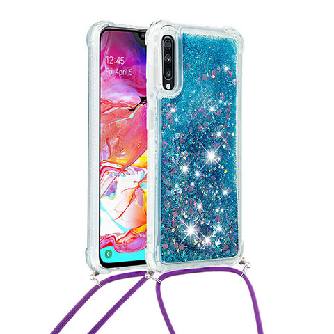 Silikon Hülle Handyhülle Gummi Schutzhülle Flexible Tasche Bling-Bling mit Schlüsselband Lanyard S03 für Samsung Galaxy A70S Blau