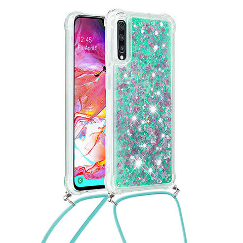 Silikon Hülle Handyhülle Gummi Schutzhülle Flexible Tasche Bling-Bling mit Schlüsselband Lanyard S03 für Samsung Galaxy A70S Grün