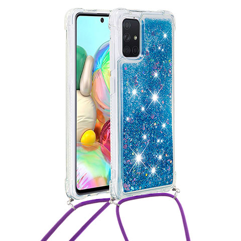 Silikon Hülle Handyhülle Gummi Schutzhülle Flexible Tasche Bling-Bling mit Schlüsselband Lanyard S03 für Samsung Galaxy A71 4G A715 Blau