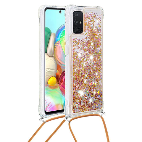 Silikon Hülle Handyhülle Gummi Schutzhülle Flexible Tasche Bling-Bling mit Schlüsselband Lanyard S03 für Samsung Galaxy A71 4G A715 Gold