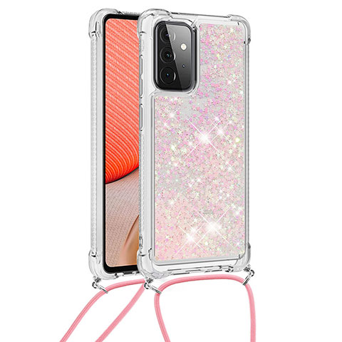 Silikon Hülle Handyhülle Gummi Schutzhülle Flexible Tasche Bling-Bling mit Schlüsselband Lanyard S03 für Samsung Galaxy A72 5G Rosa