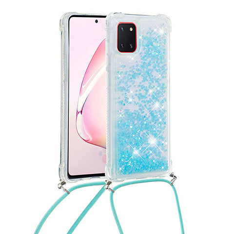 Silikon Hülle Handyhülle Gummi Schutzhülle Flexible Tasche Bling-Bling mit Schlüsselband Lanyard S03 für Samsung Galaxy A81 Hellblau