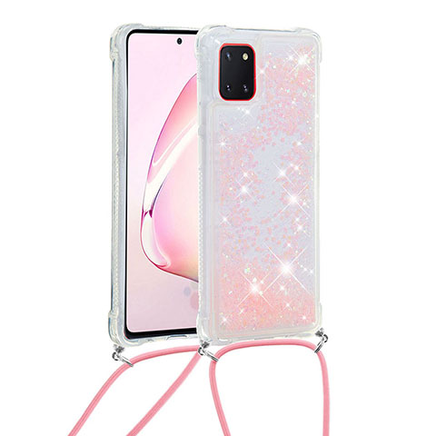 Silikon Hülle Handyhülle Gummi Schutzhülle Flexible Tasche Bling-Bling mit Schlüsselband Lanyard S03 für Samsung Galaxy A81 Rosa