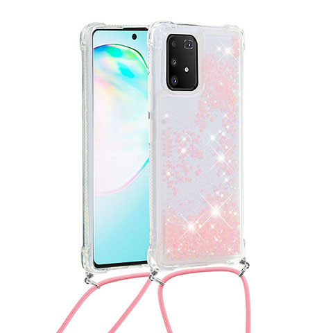 Silikon Hülle Handyhülle Gummi Schutzhülle Flexible Tasche Bling-Bling mit Schlüsselband Lanyard S03 für Samsung Galaxy A91 Rosa