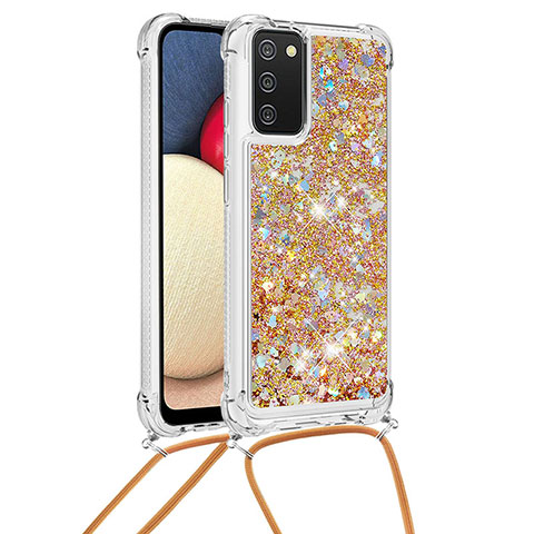 Silikon Hülle Handyhülle Gummi Schutzhülle Flexible Tasche Bling-Bling mit Schlüsselband Lanyard S03 für Samsung Galaxy F02S SM-E025F Gold