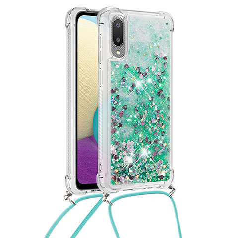 Silikon Hülle Handyhülle Gummi Schutzhülle Flexible Tasche Bling-Bling mit Schlüsselband Lanyard S03 für Samsung Galaxy M02 Grün