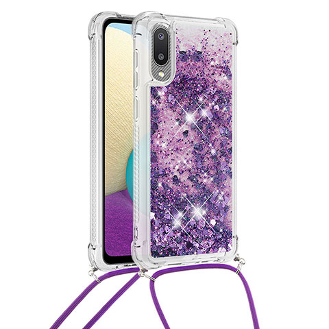 Silikon Hülle Handyhülle Gummi Schutzhülle Flexible Tasche Bling-Bling mit Schlüsselband Lanyard S03 für Samsung Galaxy M02 Violett