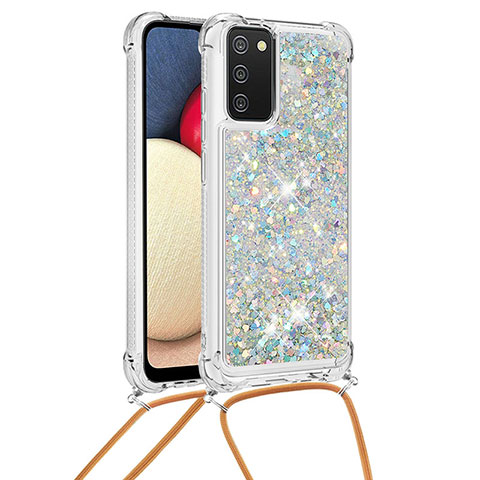 Silikon Hülle Handyhülle Gummi Schutzhülle Flexible Tasche Bling-Bling mit Schlüsselband Lanyard S03 für Samsung Galaxy M02s Silber