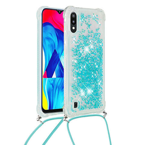 Silikon Hülle Handyhülle Gummi Schutzhülle Flexible Tasche Bling-Bling mit Schlüsselband Lanyard S03 für Samsung Galaxy M10 Hellblau