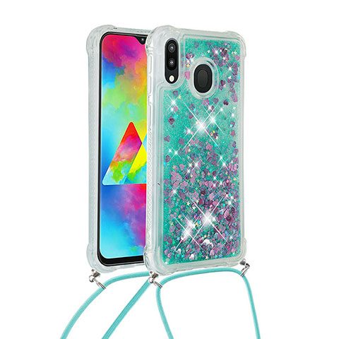 Silikon Hülle Handyhülle Gummi Schutzhülle Flexible Tasche Bling-Bling mit Schlüsselband Lanyard S03 für Samsung Galaxy M20 Grün