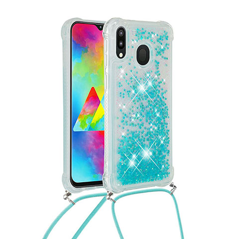 Silikon Hülle Handyhülle Gummi Schutzhülle Flexible Tasche Bling-Bling mit Schlüsselband Lanyard S03 für Samsung Galaxy M20 Hellblau