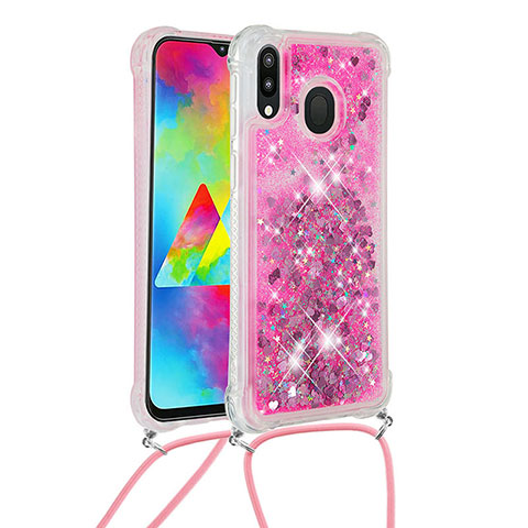 Silikon Hülle Handyhülle Gummi Schutzhülle Flexible Tasche Bling-Bling mit Schlüsselband Lanyard S03 für Samsung Galaxy M20 Pink