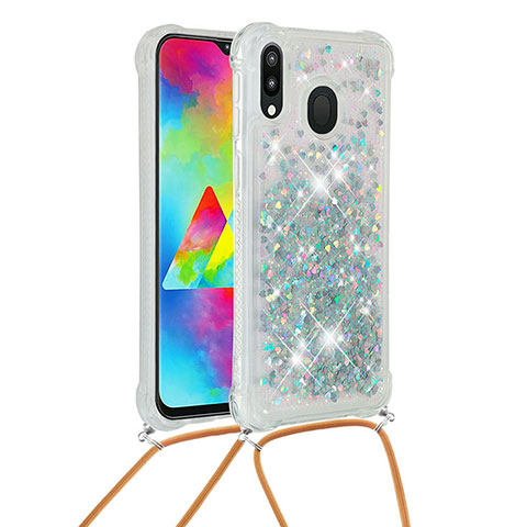 Silikon Hülle Handyhülle Gummi Schutzhülle Flexible Tasche Bling-Bling mit Schlüsselband Lanyard S03 für Samsung Galaxy M20 Silber