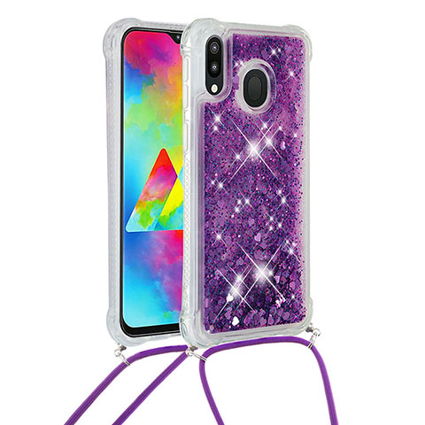 Silikon Hülle Handyhülle Gummi Schutzhülle Flexible Tasche Bling-Bling mit Schlüsselband Lanyard S03 für Samsung Galaxy M20 Violett