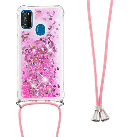 Silikon Hülle Handyhülle Gummi Schutzhülle Flexible Tasche Bling-Bling mit Schlüsselband Lanyard S03 für Samsung Galaxy M21 Pink