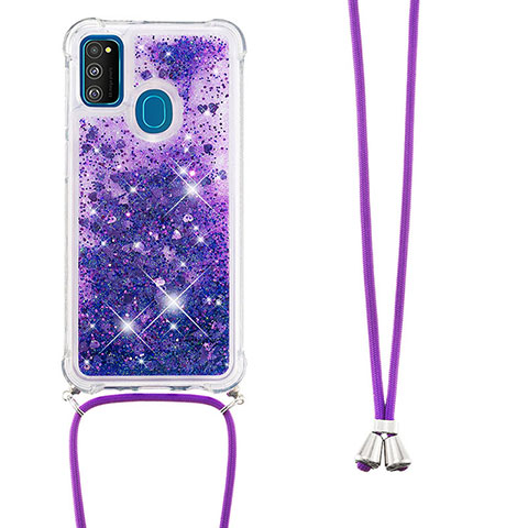 Silikon Hülle Handyhülle Gummi Schutzhülle Flexible Tasche Bling-Bling mit Schlüsselband Lanyard S03 für Samsung Galaxy M21 Violett